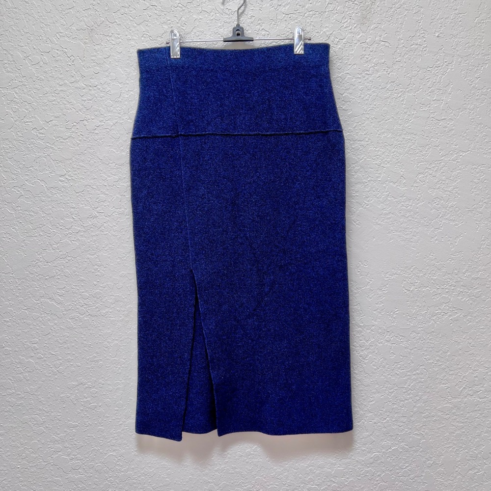 Zara Knit Blue Marled High‎ Waisted Front Slit Midi Pencil Skirt Large